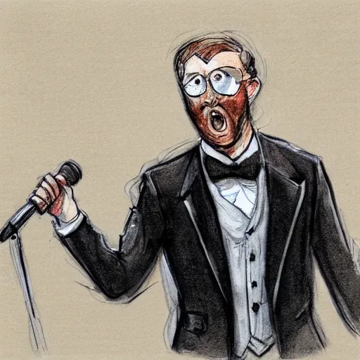 Prompt: a weevil in a suit giving a passionate speech to a jury, courtroom sketch