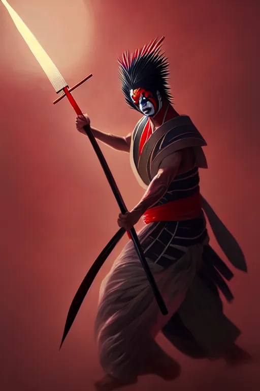 Prompt: portrait of a mad kabuki warrior wielding a spear doing a mie and emitting a visible aura of madness, crossed eyes, hazy, greg rutkowski style, high quality, 8 k,