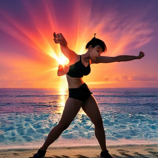 Image similar to photo of Chun Li training at the beach, sunset, solar flare, fine art photography