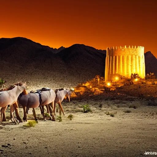 Image similar to desert at night filled with centaurs, tall white tower in the background, HD,