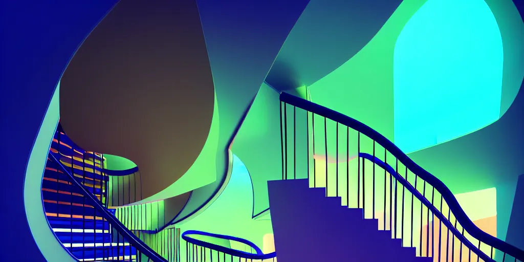 Image similar to spiral lines, minimalistic, extreme wide angle, curved perspective, digital art, subsurface scattering, indoor casino staircase, by anton fadeev, lorax movie, cotton candy smoke, artstation, neon lights