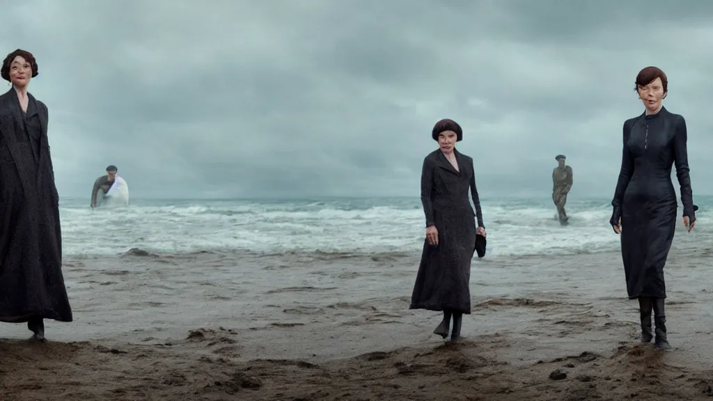 Image similar to photo of Helen McCrory coming out of the ocean, extreme detailed face, Peaky Blinders crew on the background, film still from the movie directed by Denis Villeneuve with art direction by Zdzisław Beksiński, wide lens