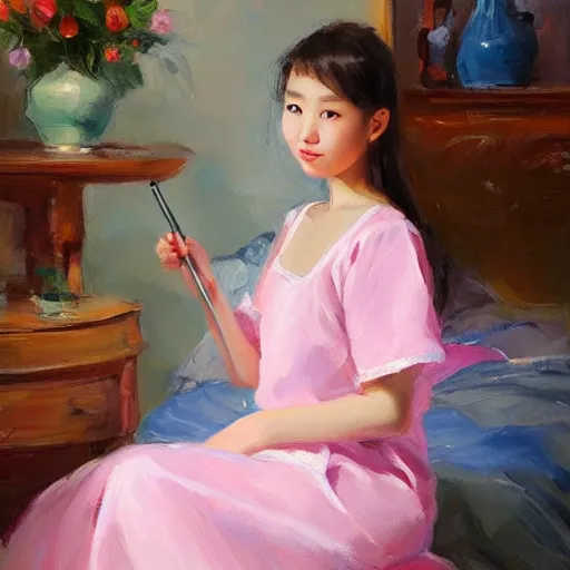 Image similar to Korean girl in nightgown, painting by Vladimir Volegov,