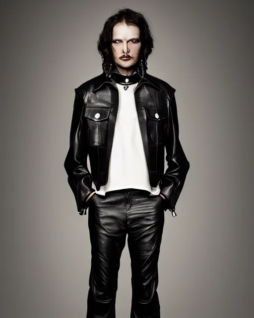 Image similar to a 5 0 mm award - winning photo of a a thick plain cropped extremely baggy pirate designer menswear leather jacket with an oversized collar and bootcut trousers designed by alexander mcqueen, 4 k, studio lighting, wide angle lens