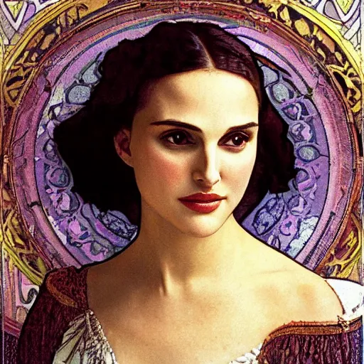 Image similar to a closeup portrait of a young natalie portman, art nouveau, jugendstil, decorative background, spirals, painted by alphonse mucha