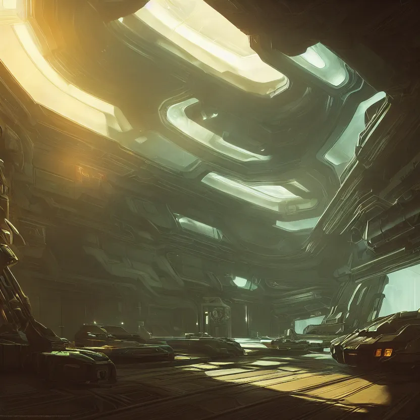 Image similar to halo 3 interiors, beautiful lighting, vivid colors, intricate, elegant, smooth, sharp focus, highly detailed digital painting, concept art, cinematic, unreal engine, 4 k wallpaper, art by syd mead, terada katsuya, atey ghailan, svetlin velinov, cgsociety, artstation trending