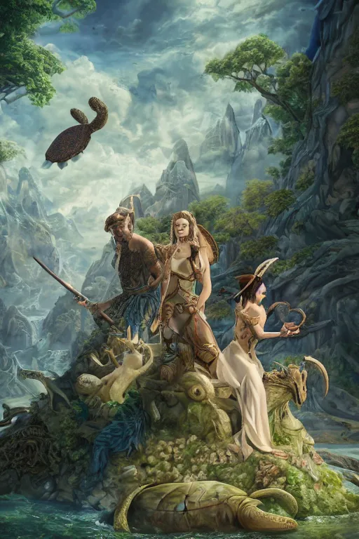 Image similar to A fantasy book style portrait painting of the Great Turtle Island at the center of the Universe, accompanied by a hybrid, Anya_Taylor-Joy, Cory Chase, Eva Green, as a Mystical Valkyrie, Anubis-Reptilian, Atlantean Warrior, François Boucher, Oil Painting, unreal 5, DAZ, hyperrealistic, octane render, Regal, Refined, Detailed Digital Art, RPG portrait, Walt Disney (1937), William-Adolphe Bouguereau, Michael Cheval, Steampunk, Volumetric Golden dappled dynamic lighting, Highly Detailed, Cinematic Lighting, Unreal Engine, 8k, HD