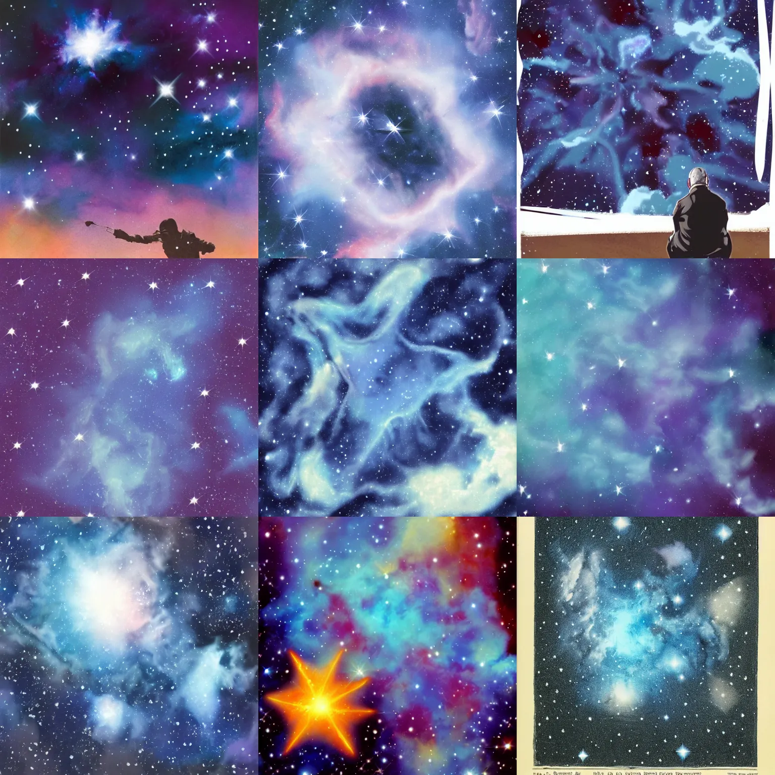 Prompt: blue and white clean star nebulae illustration with alfred hitchcock gazing into the far distance