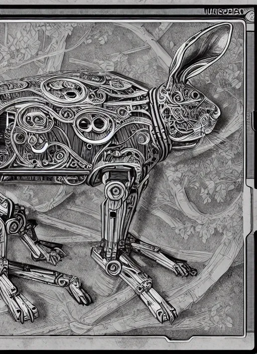 Image similar to full page scan of detailed concept art of very technical and detailed blueprint of a rabbit wood robot, intricate details, ultra - detailed, baroque style, illustration, desaturated, concept art, ornate symbolic border