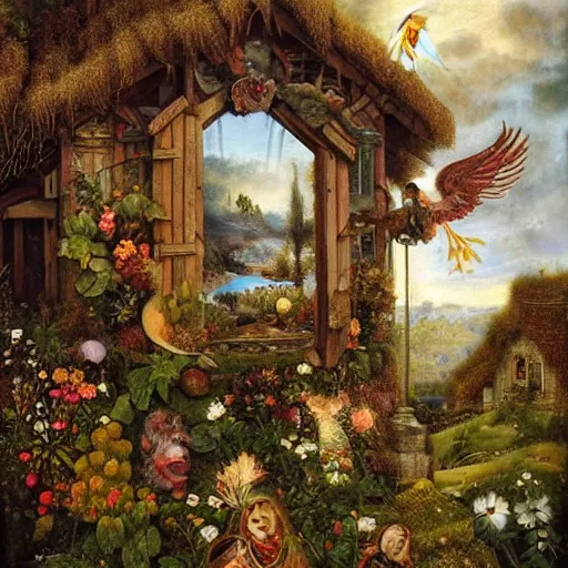 Prompt: an oil painting by giuseppe arcimboldo and ross tran of a rugged nature god with majestic angel wings standing in front of a beautiful cottage designed by thomas kincade