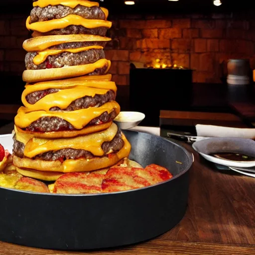 Prompt: a photograph of a giant cheeseburger tower, cooked to perfection, chefs table, netflix, gourmet, three michelin star