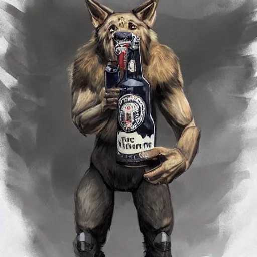 Image similar to a humanoid german shepherd beast - man in military style, holding a bottle of beer, artstation, concept art, smooth, sharp foccus ilustration, artstation