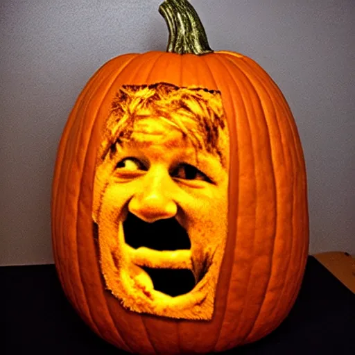 Image similar to Ed Sheeran crying trapped inside a pumpkin