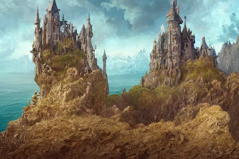 Image similar to wide angle view, a beautiful digital painting of a fairy castle made of sand on a beautiful coastline, tranquil day, magical, by greg rutkowski, brian froud, marc simonetti, jean - baptiste monge, and alphonse mucha, symmetry, complementary colors, ink illustration, trending on artstation