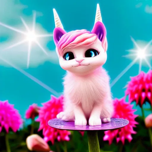 Image similar to very cute and tiny unicorn cat on Dahlia flower flying, pink cloudy in blue sky background, pixar style, cinematic lightning, award winning creature photography