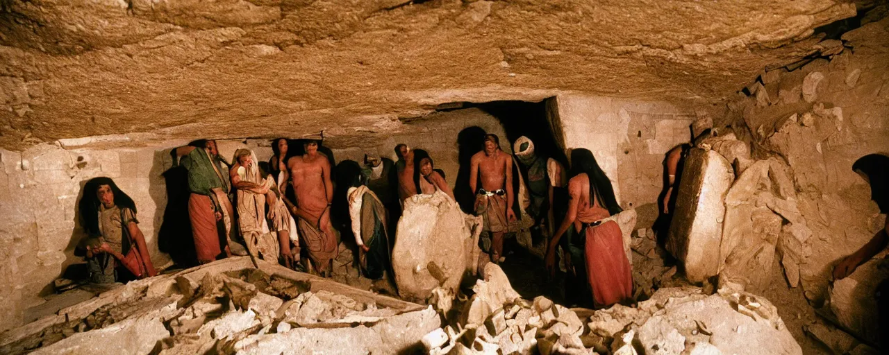 Prompt: ancient egyptians discovering a tomb inside a pyramid made of spaghetti, national geographic, canon 5 0 mm, cinematic lighting, photography, retro, film, kodachrome