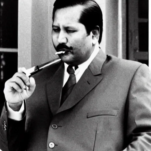 Prompt: king birendra of Nepal smoking cigarette, historic photo