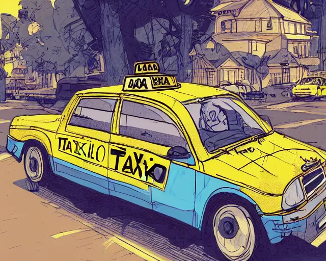 Prompt: a study of cell shaded cartoon of a taxi cab on a country road, side view, illustration, picture from behind, vibrant colors, post grunge, concept art by josan gonzales and wlop, by james jean, Victo ngai, David Rubín, Mike Mignola, Laurie Greasley, highly detailed, sharp focus, alien, Trending on Artstation, HQ, deviantart, art by artgem