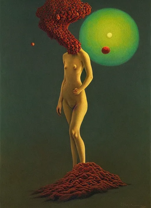 Image similar to She Eats of the Strangling Fruit and Her polyp blossoms bring iridescent fungal flowers whose spores black the foolish stars Edward Hopper and James Gilleard, Zdzislaw Beksinski, Mark Ryden, Wolfgang Lettl highly detailed