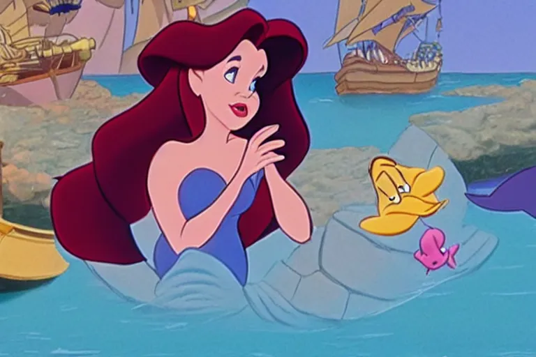 Image similar to still from the animated disney cartoon, little mermaid enlists in the navy