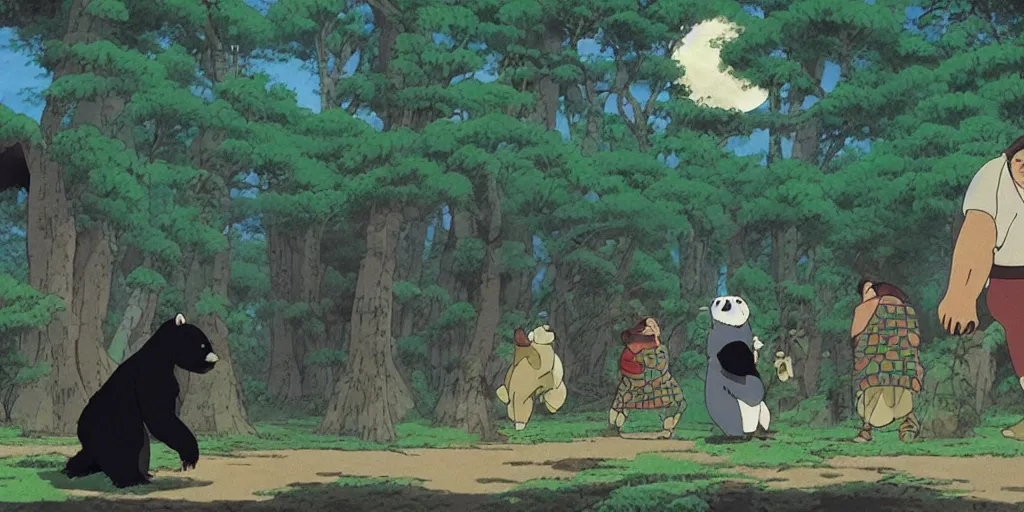 Image similar to scene from Pom Poko, 1994, movie still, cinematic, anthropomorphic, half man half asian black bear, black bear samurai, Moon Bear Samurai, epic, samurai, in the style of Studio Ghibli, Hayao Miyazak, Isao Takahata
