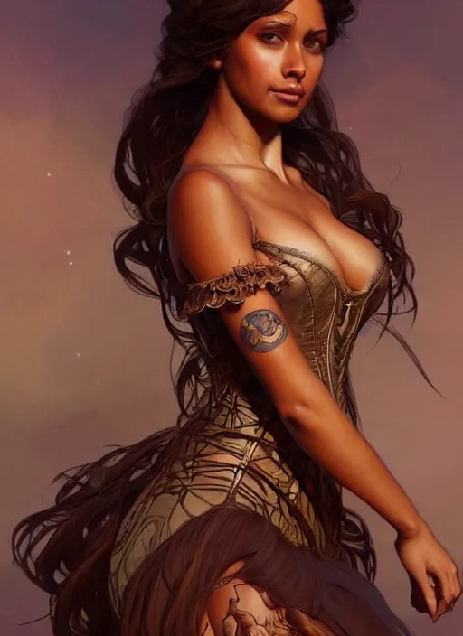 Image similar to cute brown woman wearing a translucent corset dress, fantasy, intricate, highly detailed, digital painting, artstation, concept art, wallpaper, smooth, sharp focus, illustration, art by artgerm and greg rutkowski and alphonse mucha