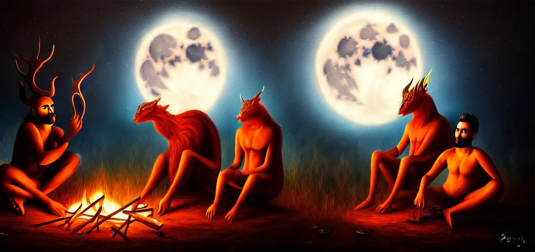 Image similar to strange mythical beasts of sitting around a fire under a full moon, surreal dark uncanny painting by ronny khalil