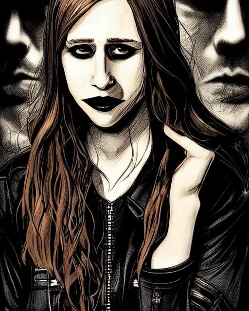 Prompt: in the style of Rafael Albuquerque comicbook art, moody lighting, beautiful evil vampire Taissa Farmiga, sharp vampire teeth, sarcastic smile showing fangs, symmetrical eyes, realistic face, symmetrical face, brown leather jacket, jeans, long black hair, full body