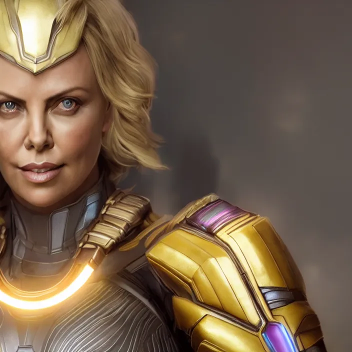 Image similar to portrait of (Charlize Theron), wearing The Infinity Gauntlet. intricate artwork. octane render, trending on artstation, very coherent symmetrical artwork. avengers. thanos. cinematic, hyper realism, high detail, octane render, 8k, iridescent accents