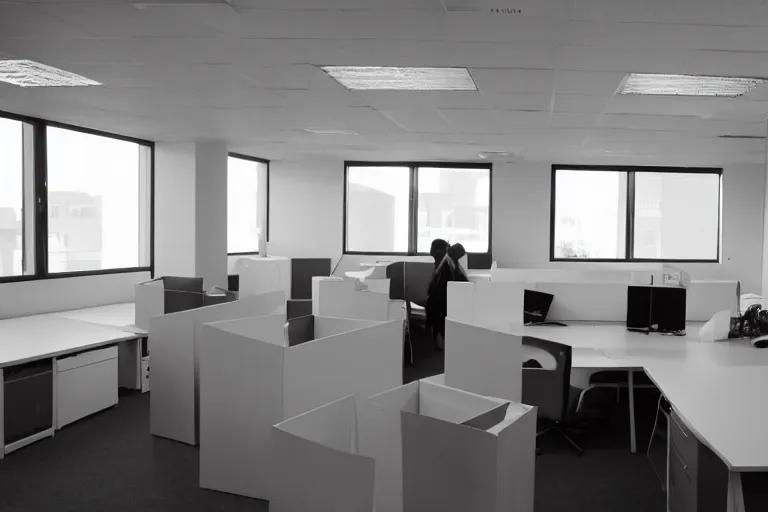 Image similar to an empty office after everyone has moved out, moving boxes