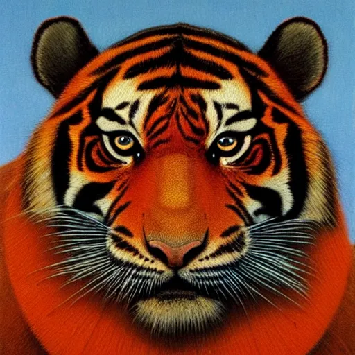 Image similar to Angry Tiger portrait, dark fantasy, orange, artstation, painted by Zdzisław Beksiński and Wayne Barlowe