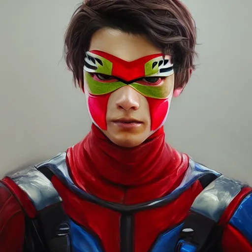 Prompt: realistic Portrait painting of scene young man as film Kamen Rider, made by Michaelangelo, physical painting, Sharp focus,digital art, bright colors,fine art, trending on Artstation, unreal engine.