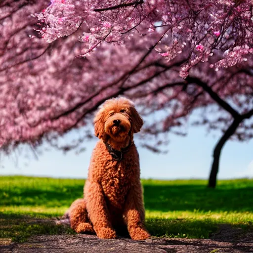 Prompt: a goldendoodle meditation below a Sakura tree, 8k, nature photography