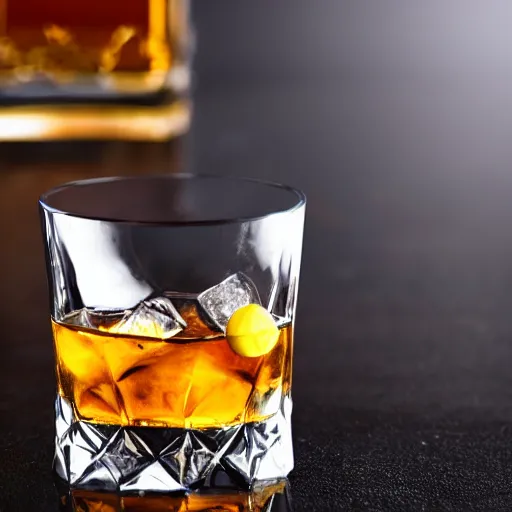 Prompt: a glass of whiskey with a ball of ice