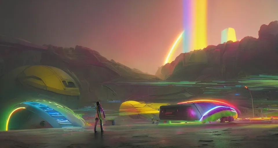 Image similar to Rainbow road, rendered by simon stålenhag, rendered by Beeple, Makoto Shinkai, syd meade, environment concept, digital art, starwars, Gundam Style, unreal engine, 3 point perspective, WLOP, trending on artstation, low level, 4K UHD image, octane render,