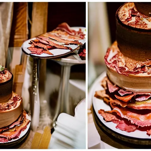 Prompt: a wedding cake made of bacon, hd professional food photography