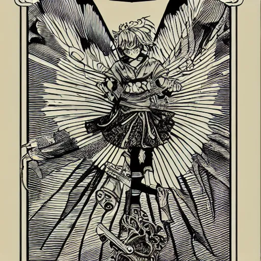Image similar to precisely drawn illustration of anime flying griffon, old-fashioned tarot card, victorian playing card, sepia tone, wide angle, sharp, fine details, anime, manga, cyberpunk, intense line art, 8k, precise linework, realistic, shaded lighting by katsuhiro otomo ghost-in-the-shell, magali villeneuve, artgerm, rutkowski Jeremy Lipkin and Giuseppe Dangelico Pino and Michael Garmash and Rob Rey