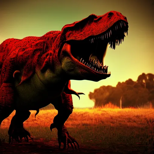 Prompt: Realistic, high quality photograph of a angry, demonic T-Rex dinosaur standing in the distance in the style of devilcore, gorecore, 3D render, blender render, realistic skin, twilight, glows, detailed, studio quality, HD image,