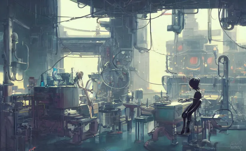 Prompt: robot repair shop, girl working on a robot, neons, indoor, concept art by greg rutkowski and james gurney, anime style ghibli