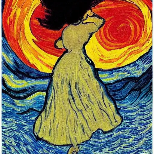 Image similar to dancer silhouette in front of sunset clouds van gogh oil painting