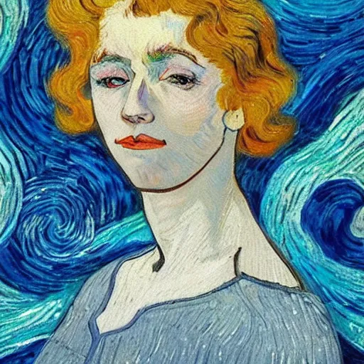 Prompt: painting of a beautiful woman with iridescent translucent hair, her eyes are closed, hair is floating, ethereal, by Van Gogh