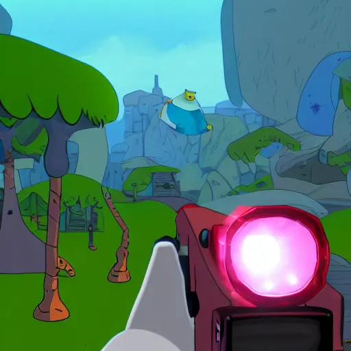 Prompt: adventure time as PS2 first person shooter, screenshot