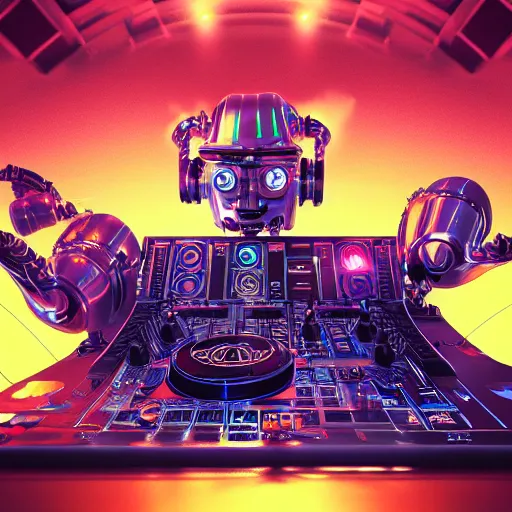 Image similar to album art, name is roborock, 3 steampunk futuristic robots on a dj desk with a cd mixer, 8 k, flourescent colors, halluzinogenic, multicolored, exaggerated detailed, front shot, 3 d render, octane