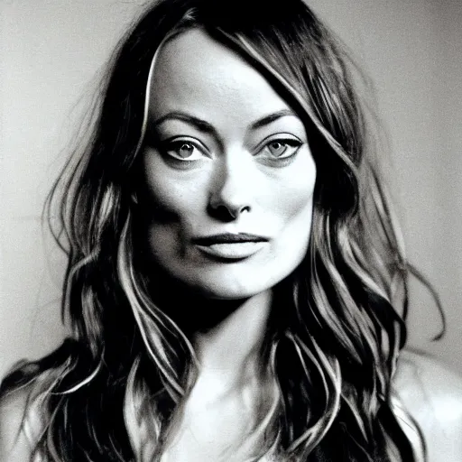 Prompt: Olivia Wilde, thoughtful and shy, staring flirtatiously into the camera, polaroid.