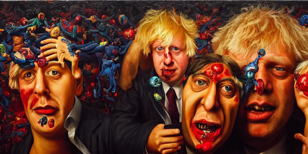 Prompt: rishi sunak and boris johnson in hell, abstract oil painting by gottfried helnwein pablo amaringo raqib shaw zeiss lens sharp focus high contrast chiaroscuro gold complex intricate bejeweled