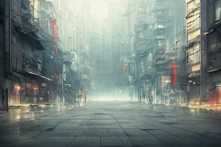 Image similar to dystopian shanghai, empty street, by wlop, poster, anime key visual,