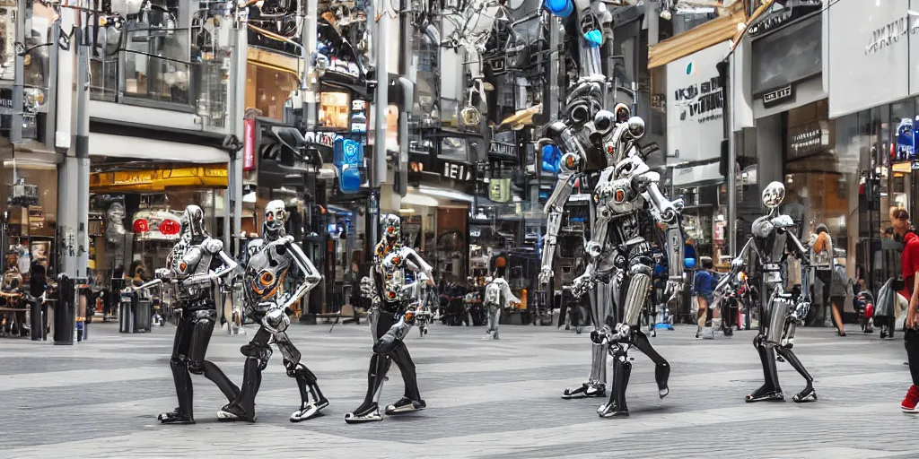 Image similar to A photo of mechanical futuristic robots walking along Rundle Mall in Adelaide, Australia, High detail, realistic photo