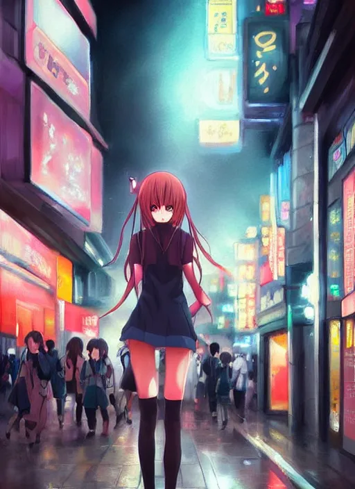 Image similar to a realistic painting of an anime girl crossing a crowded street at night in the city of Tokyo. Gorgeous realistic lighting. Atmospheric. Digital painting. Artstation.