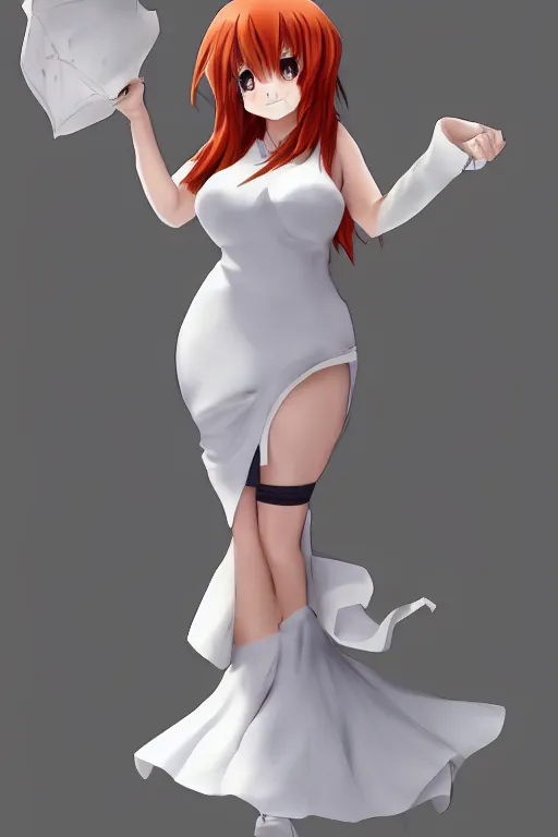 Prompt: anime drawing of a curvy chubby redhead in a white dress, unreal engine, artstation