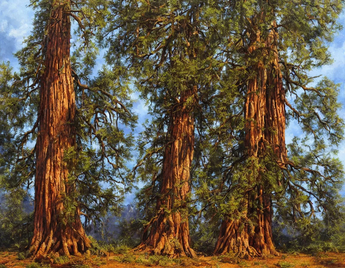 Image similar to hyper realistic oil painting of sequoya tree, hd, hdr, by jan matejko, ultra detailed, high resolution